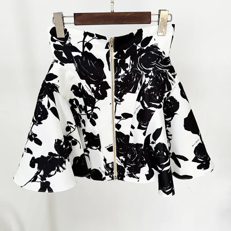 GetSpring Women Skirt 2024 Autumn Vintage Fashion Tulip Waist Rose Printed Metal Buckle Printed Zipper Mini Skirts For Women New