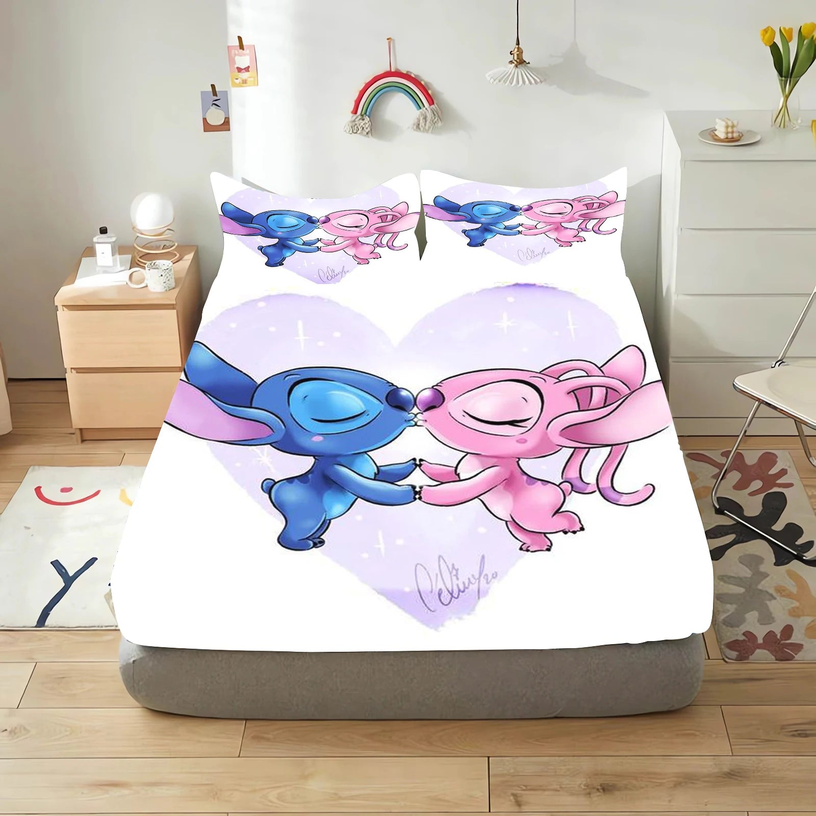 Stitch Cute Printed Cartoon Bedding Set Fitted Sheet Universal, Suitable For Children And Adults Nordica Plush Home Decor