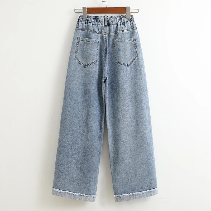 Plus Size Jeans For Women New 2025 High Elastic Waist Wide Leg Denim Pants With Pockets Korean Style Fashion Tassel Loose Jeans