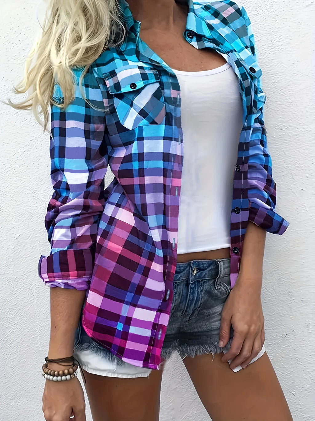 Gradient checkered pocket lapel shirt