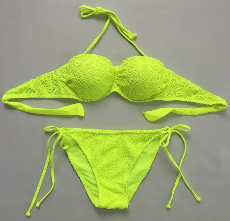 Ensemble Bikini à Bandes Unies avec Sangles, Bikini Push-Up Blanc, Maillot de Bain Brésilien Bandeau