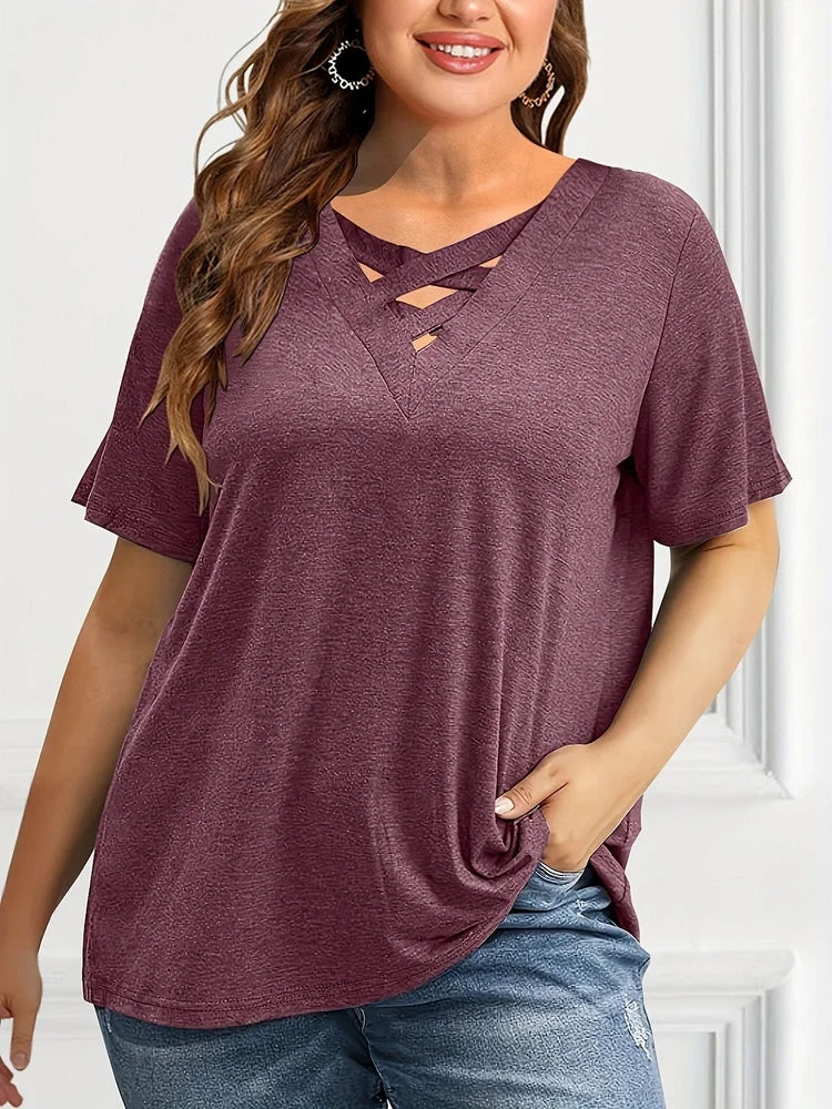 Plus Size Women's T shirt Short Sleeve Solid Cutout Casual Soft Basic Summer Tops 2025 Elegant Vintage Tee Tops for Women