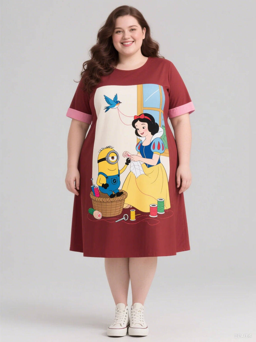 2025 Minions And Snow White Print Autumn Plus-Size Women's Dress Women's Sleeveless Round-Neck Dress For Fashionable Outfit