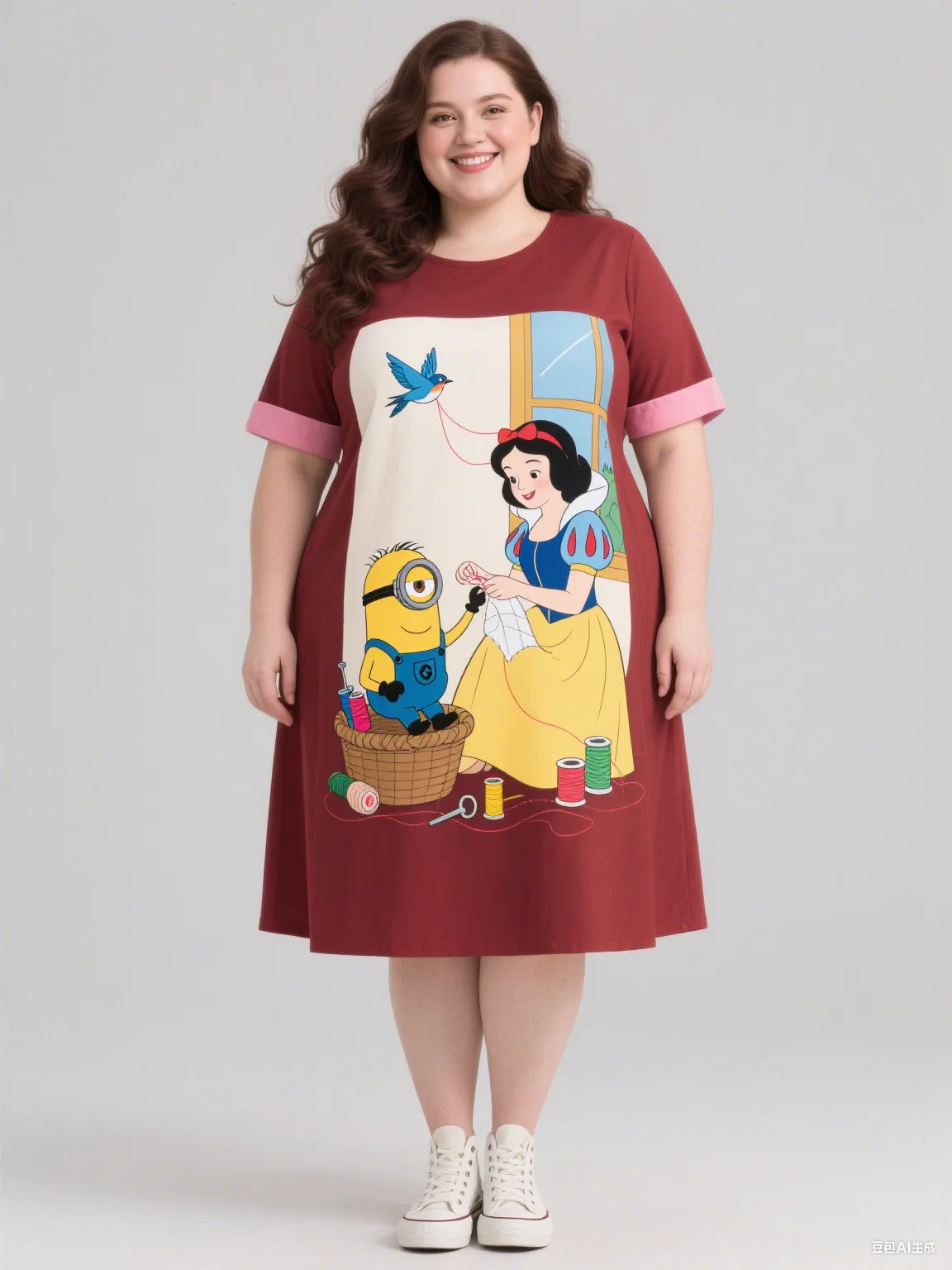 2025 Minions And Snow White Print Autumn Plus-Size Women's Dress Women's Sleeveless Round-Neck Dress For Fashionable Outfit