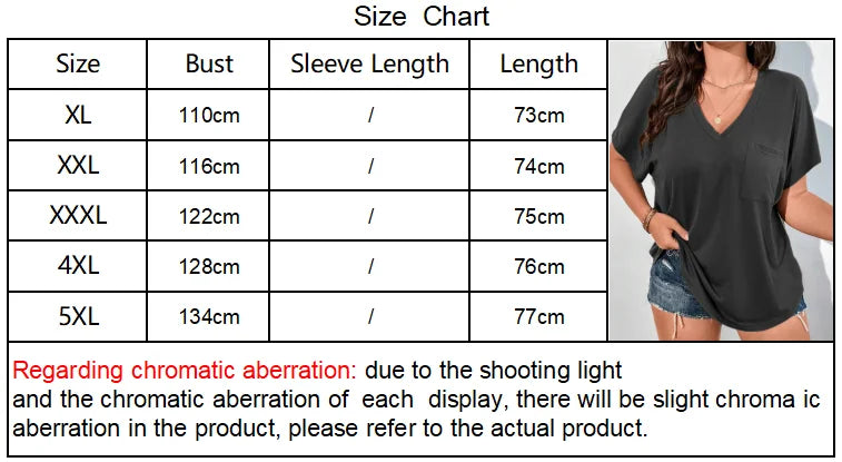 Plus Size European and American Cross Border New Women's V-neck Casual Solid Color Pocket T-shirt