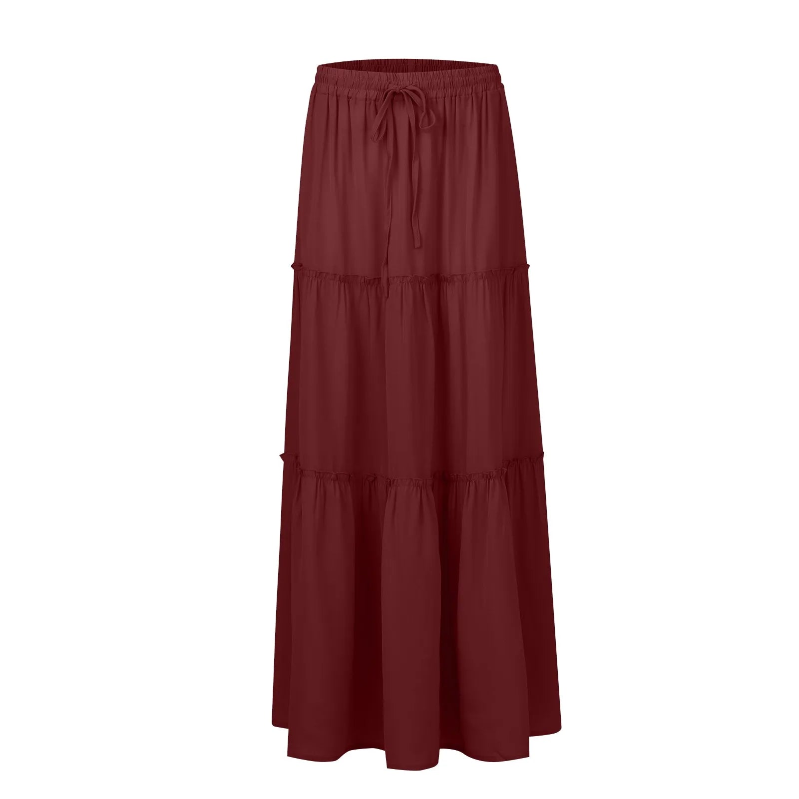 Women's Fashion Solid Color Skirts Ruffled layered skirt High waist elasticated ruffled Tie long skirt summer Loose Skirt faldas