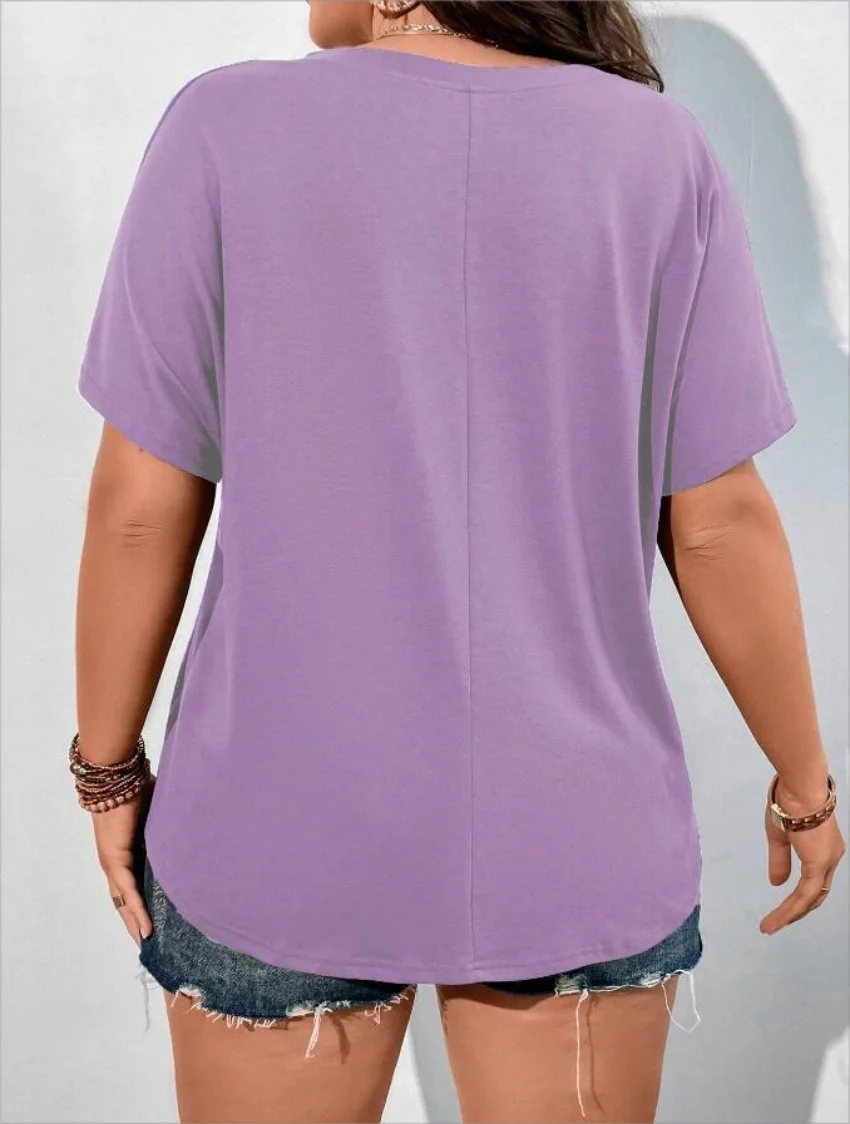 Plus Size European and American Cross Border New Women's V-neck Casual Solid Color Pocket T-shirt