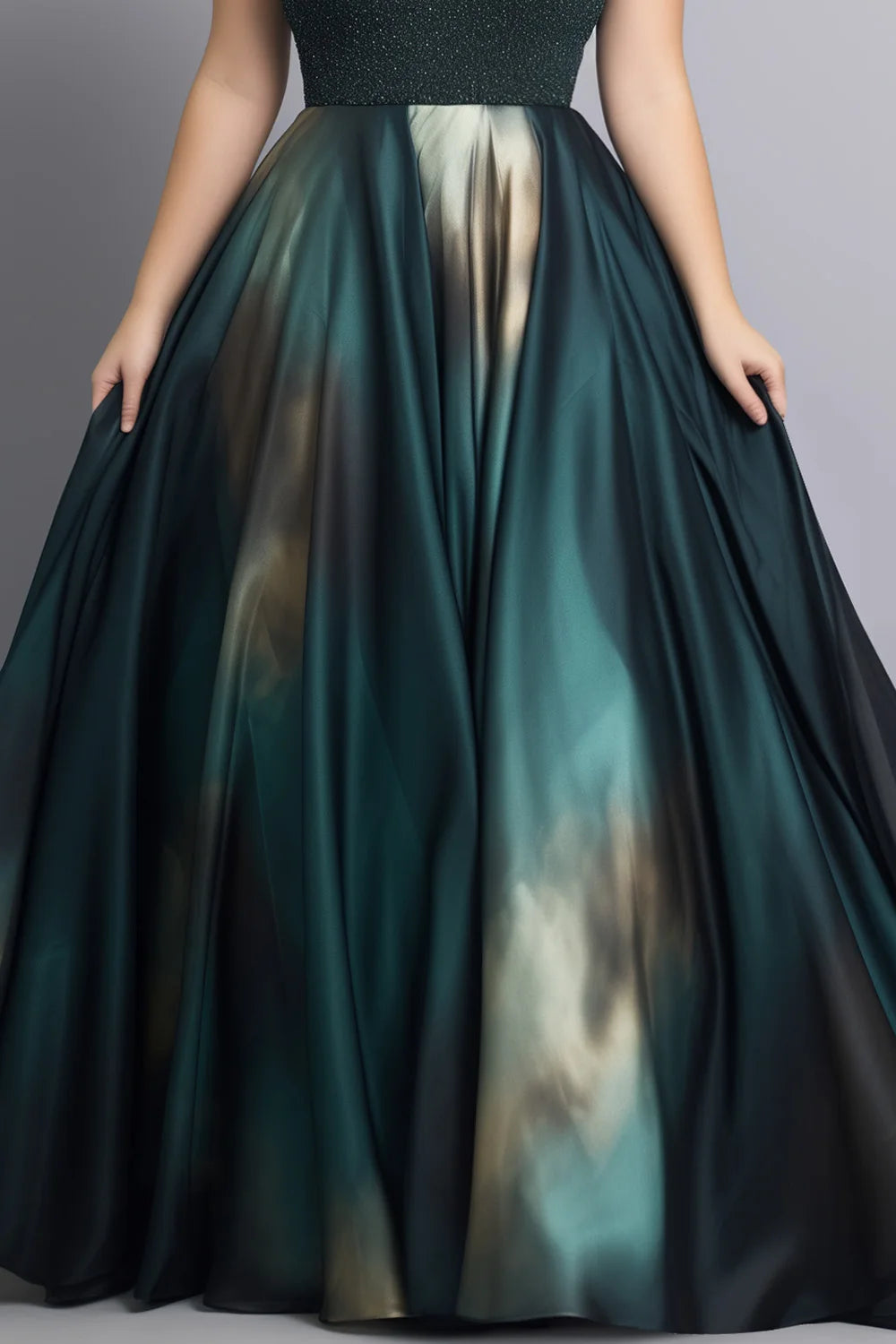 Flycurvy Plus Size Wedding Guest Dark Green Satin Sparkly Gradient Built-in Bra Cami Maxi Dress