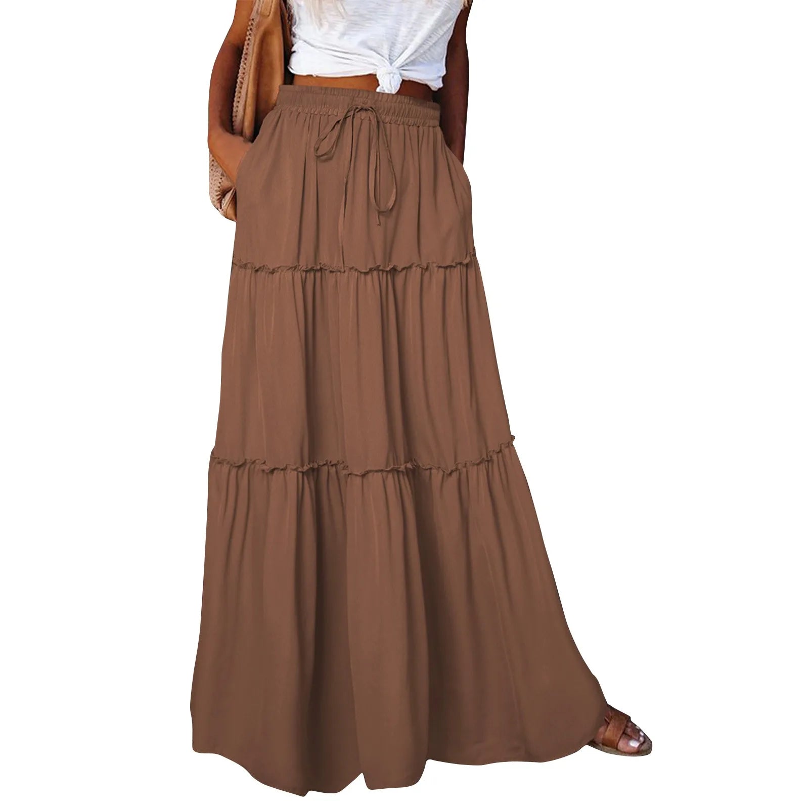 Women's Fashion Solid Color Skirts Ruffled layered skirt High waist elasticated ruffled Tie long skirt summer Loose Skirt faldas