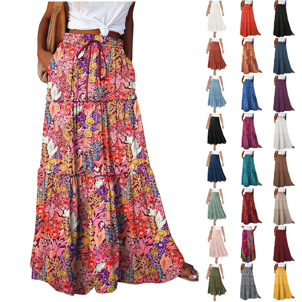 Women's Fashion Solid Color Skirts Ruffled layered skirt High waist elasticated ruffled Tie long skirt summer Loose Skirt faldas