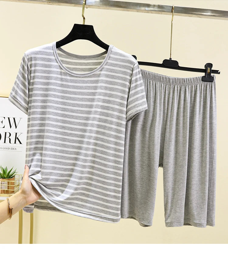 Modal Striped Spwear Set Women Summer Thin Loose ort Sve Casual orts Two Piece Set Comfortable Breathable Nightgown