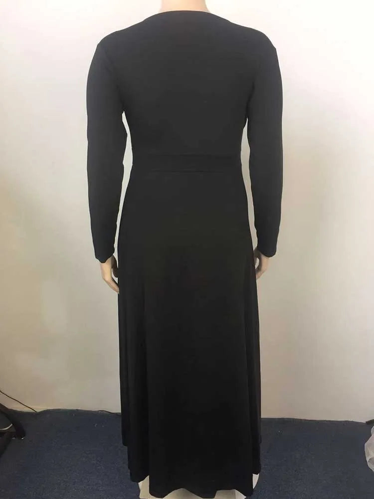Plus Size Women Clothing 2xl 3xl 4xl 5xl Long Elegant Dress with Sleeves Autumn Ladies Sexy Party Solid Waist Dress Side Slit
