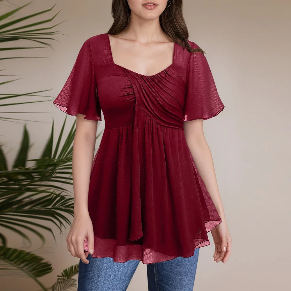 Women Plus Size Elegant Blouse Square Collar Pleated Double Layer Mesh Petal Sleeve Ruffle Hem Casual Summer 2025 New Female Tee