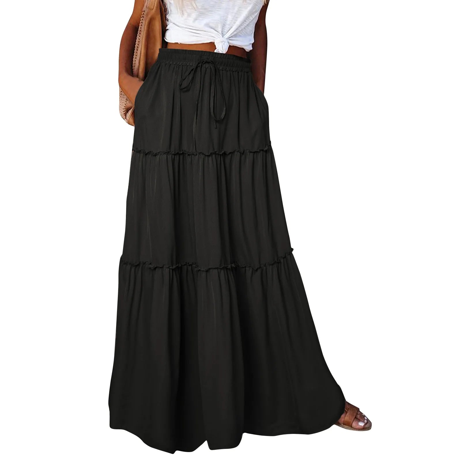 Women's Fashion Solid Color Skirts Ruffled layered skirt High waist elasticated ruffled Tie long skirt summer Loose Skirt faldas