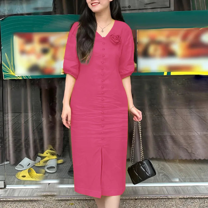 Elegant Women Work OL Sundress ZANZEA 2025 New Summer Dress Fashin oV Neck Short Sleeve Party Vestidos Stylish 3D Flowers Dress