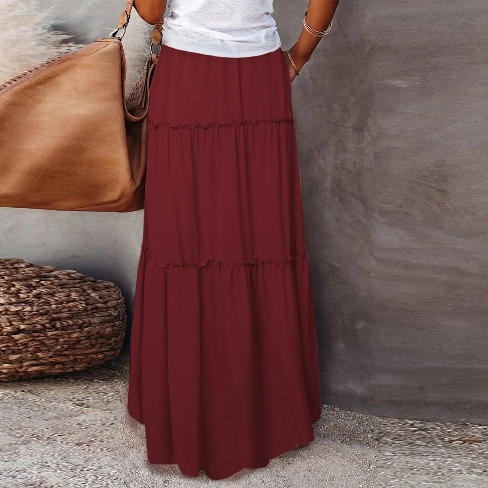 Women's Fashion Solid Color Skirts Ruffled layered skirt High waist elasticated ruffled Tie long skirt summer Loose Skirt faldas