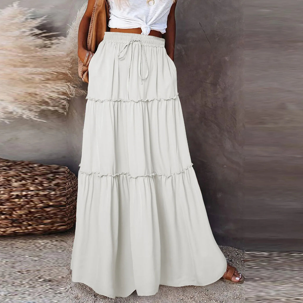 Women's Fashion Solid Color Skirts Ruffled layered skirt High waist elasticated ruffled Tie long skirt summer Loose Skirt faldas