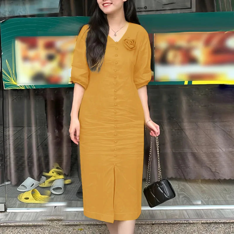 Elegant Women Work OL Sundress ZANZEA 2025 New Summer Dress Fashin oV Neck Short Sleeve Party Vestidos Stylish 3D Flowers Dress