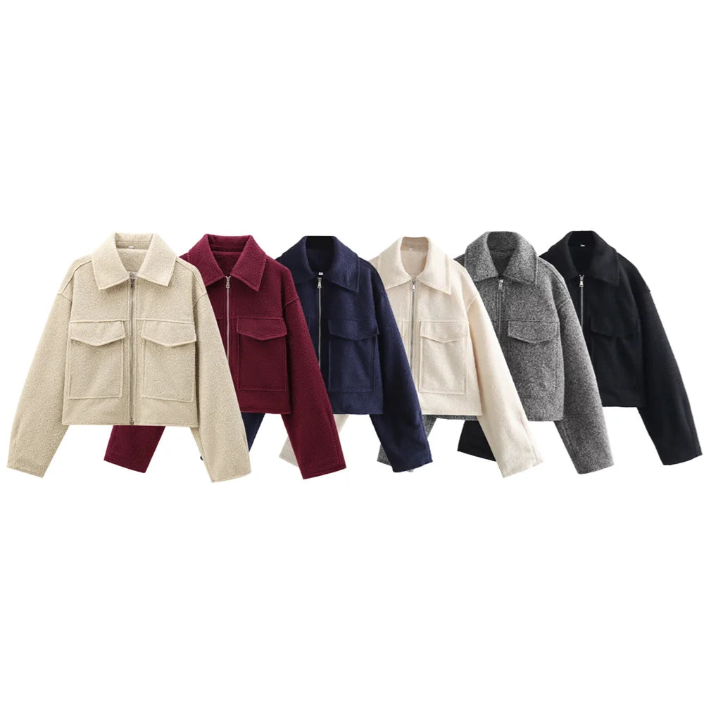 2024 Automne/Hiver Nouveau Produit Vêtements Décontractés pour Femmes Veste Courte à Col Simple et à Poches Décoratives, Élégante et à la Mode