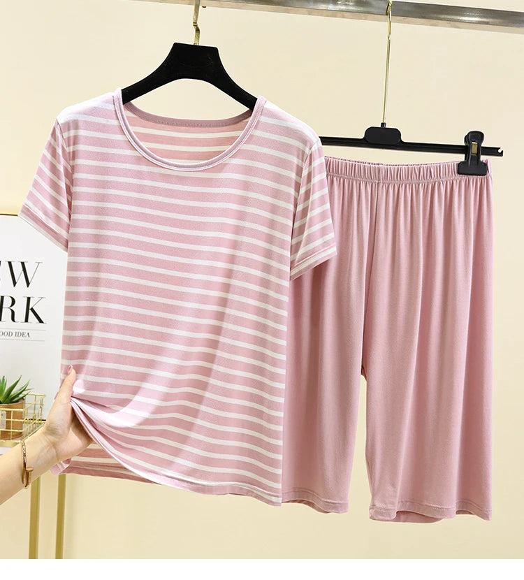 Modal Striped Spwear Set Women Summer Thin Loose ort Sve Casual orts Two Piece Set Comfortable Breathable Nightgown