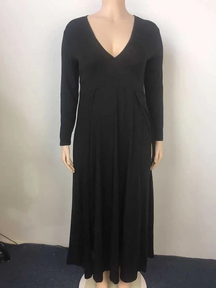 Plus Size Women Clothing 2xl 3xl 4xl 5xl Long Elegant Dress with Sleeves Autumn Ladies Sexy Party Solid Waist Dress Side Slit