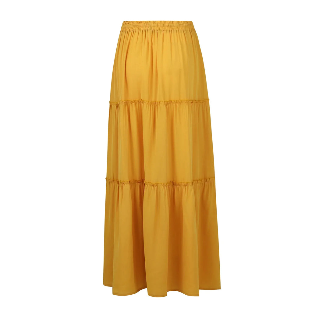 Women's Fashion Solid Color Skirts Ruffled layered skirt High waist elasticated ruffled Tie long skirt summer Loose Skirt faldas