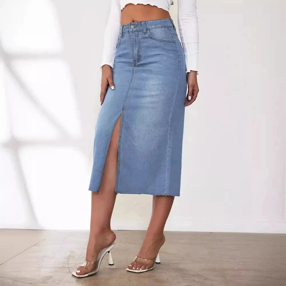 High-Waisted Medium-Length Denim Skirt For Women A- Line Half-Length Underwear