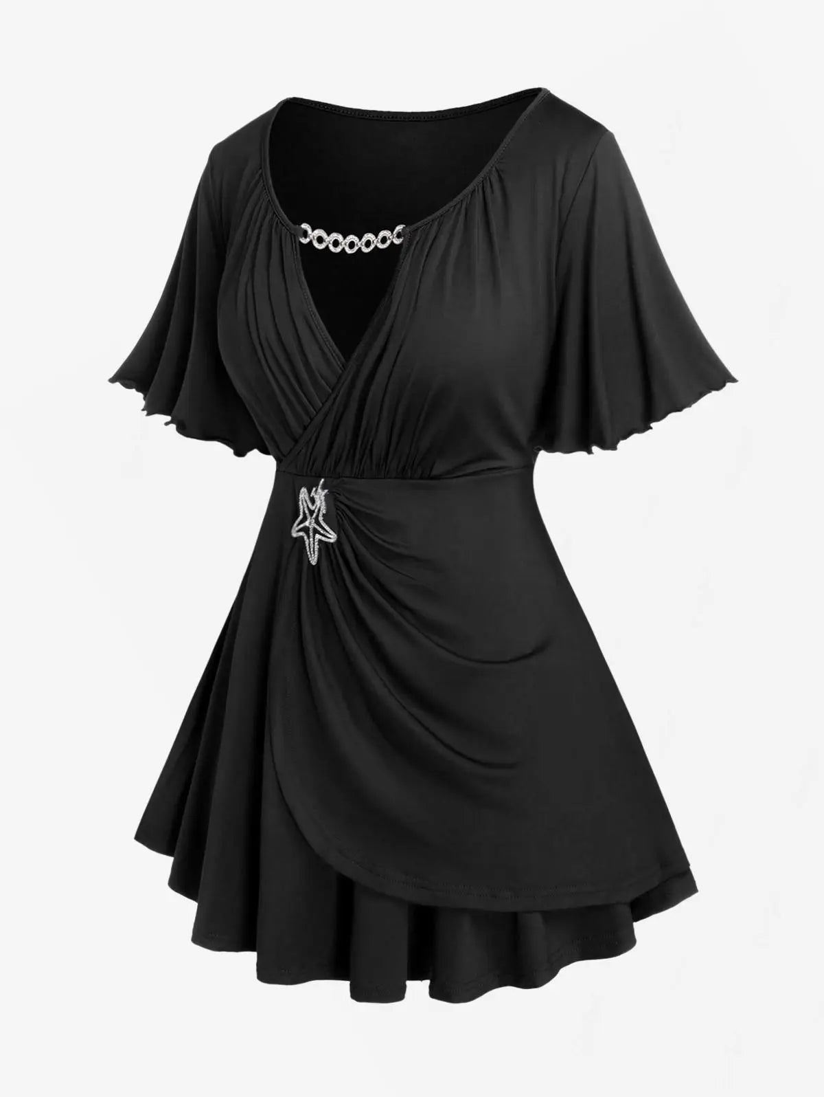 ROSEGAL  Plus Size Lettuce Ruched Keyhole Flutter Sleeves Surplice Tee 2025 new soild V-Neck Short Sleeves Tee