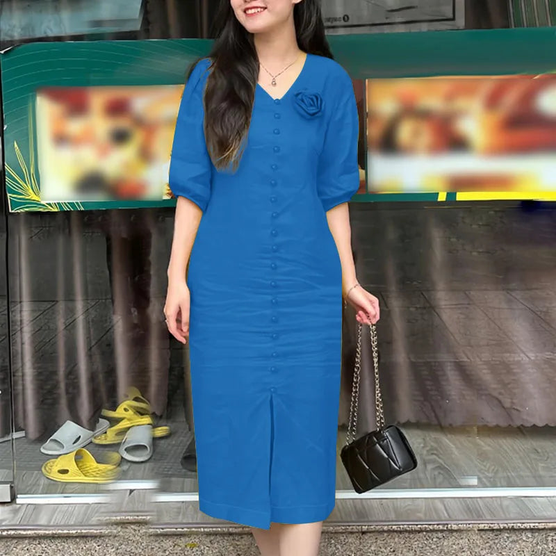 Elegant Women Work OL Sundress ZANZEA 2025 New Summer Dress Fashin oV Neck Short Sleeve Party Vestidos Stylish 3D Flowers Dress