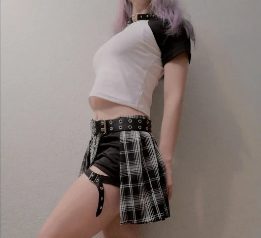 Gothic Skirt Dark Style Pleated Punk Irregular Fake Two-piece Leggings Ring Skirt Pants High Waist A-Line Harajuku Mini Skirts