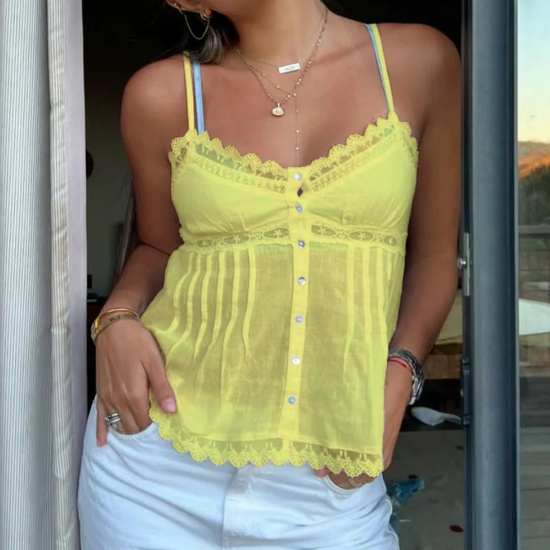 Sweet Y2K Lace Trim Camisole Women's Spaghetti Strap Top Trendy Button up Solid Babydoll Crop Tops Summer Fairycore Milkmaid Top