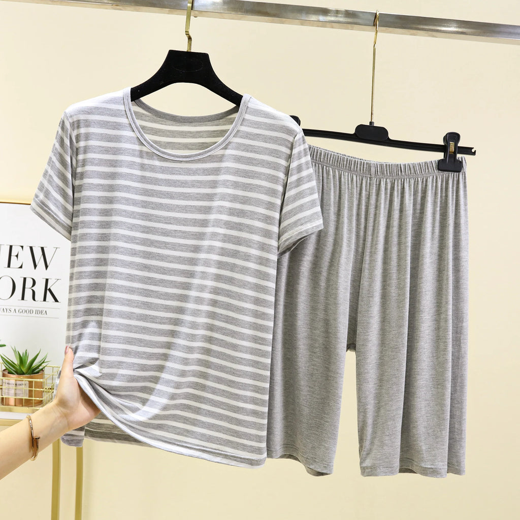 Modal Striped Spwear Set Women Summer Thin Loose ort Sve Casual orts Two Piece Set Comfortable Breathable Nightgown