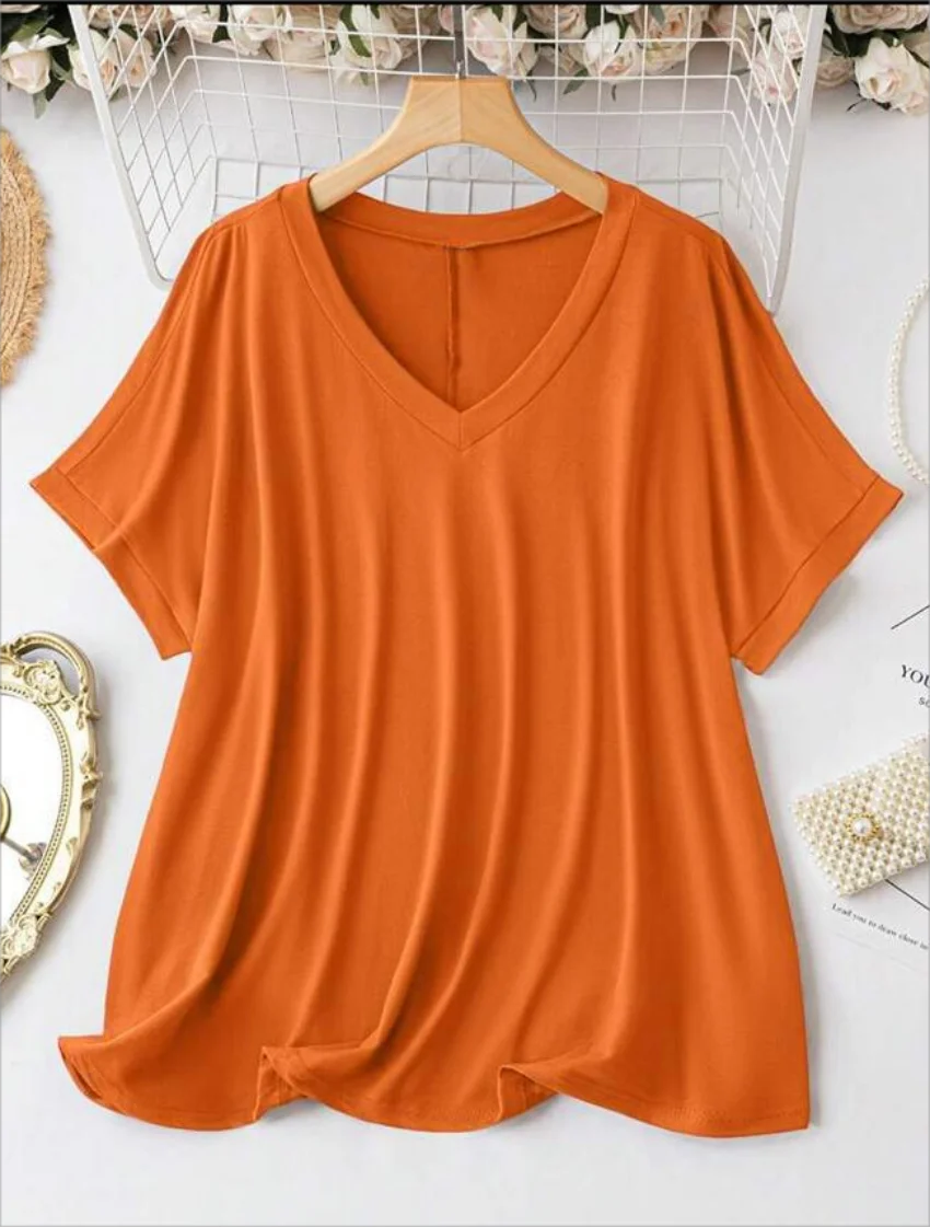 New Plus Size European and American Women's Casual V-neck Solid Color T-shirt