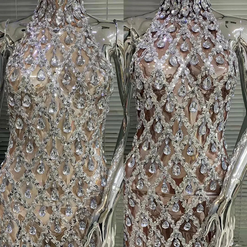 High Quality Flashing Silver Rhinestone Crystals Fringes Transparent Long Birthday Celebrate Evening Party Dress