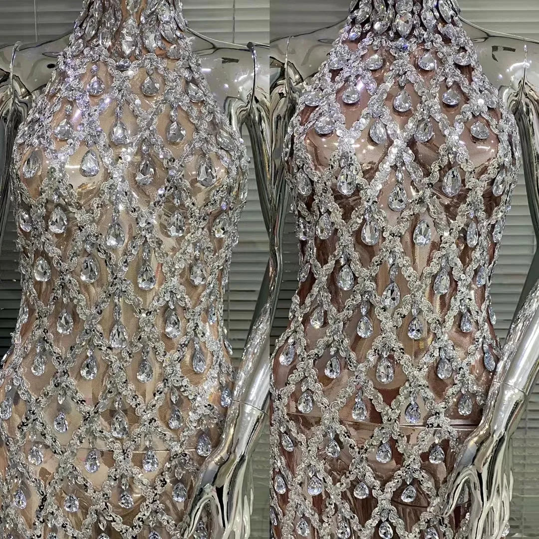 High Quality Flashing Silver Rhinestone Crystals Fringes Transparent Long Birthday Celebrate Evening Party Dress