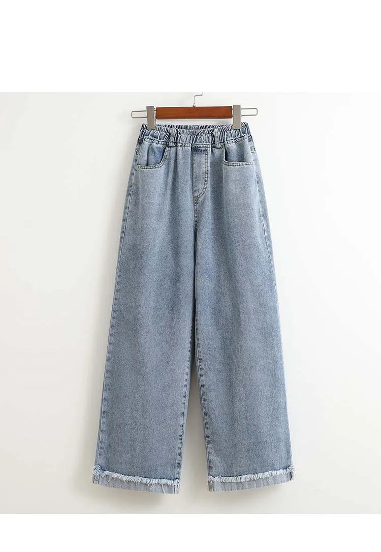 Plus Size Jeans For Women New 2025 High Elastic Waist Wide Leg Denim Pants With Pockets Korean Style Fashion Tassel Loose Jeans