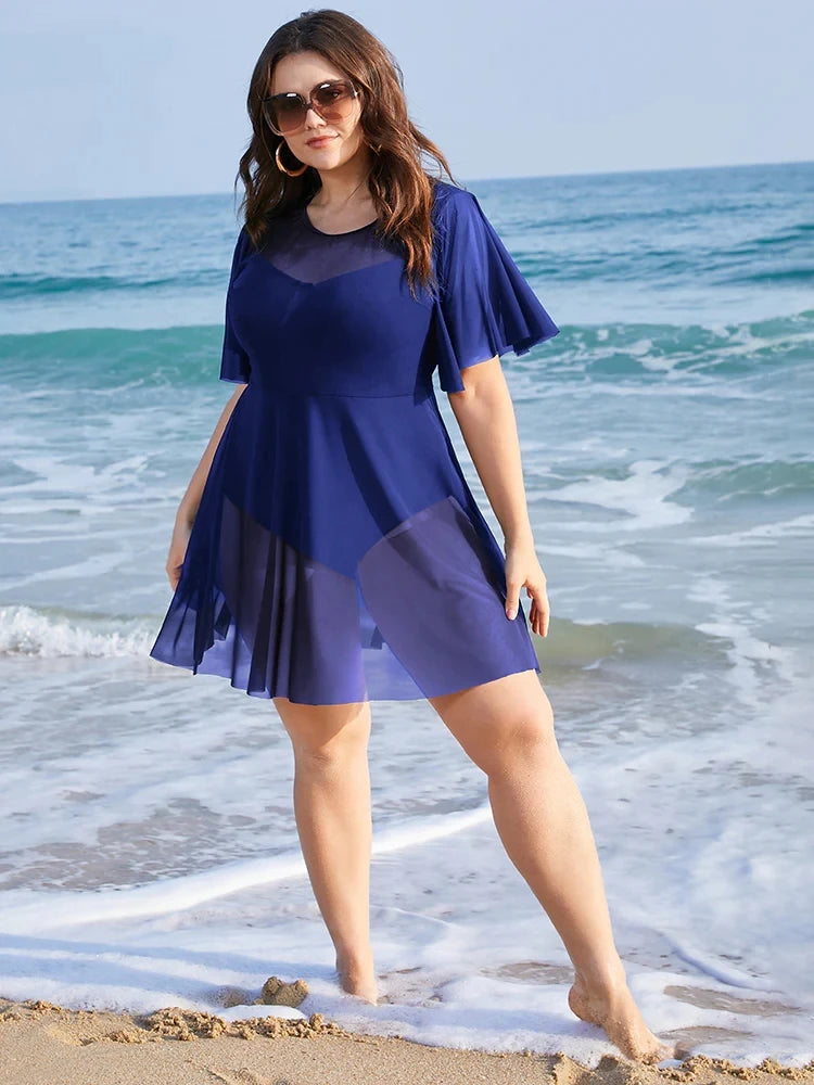 Plus Size Womens One Piece Tummy Control Swimdress Solid Mesh Patchwork Ruffle Sleeve Cover Up Swim Dress Chubby Swimsuit