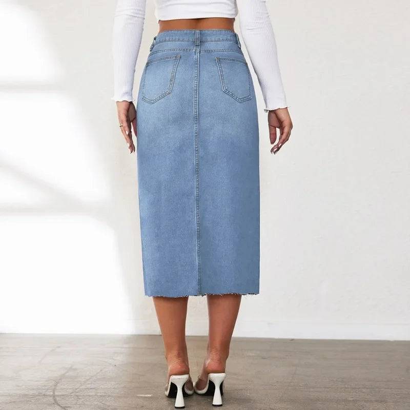 High-Waisted Medium-Length Denim Skirt For Women A- Line Half-Length Underwear