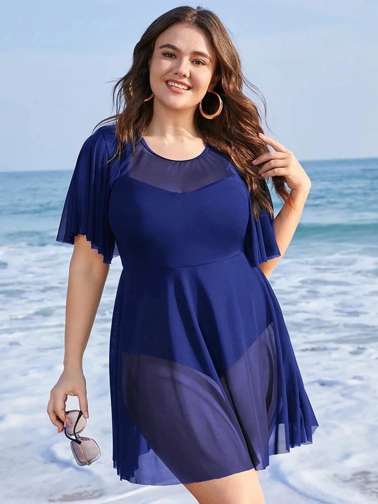 Plus Size Womens One Piece Tummy Control Swimdress Solid Mesh Patchwork Ruffle Sleeve Cover Up Swim Dress Chubby Swimsuit