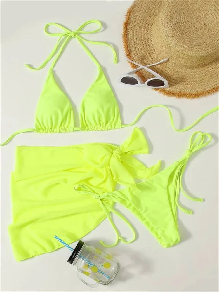 Sexy Solid Brown Bikinis Set Women Ribbed Halter Push Up Mesh Skirt Swimsuit 2024 Mujer Brazilian Bathing Suit Cover Up Swimwear
