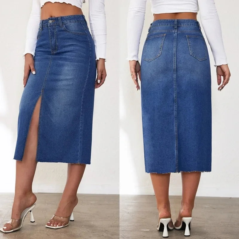 High-Waisted Medium-Length Denim Skirt For Women A- Line Half-Length Underwear