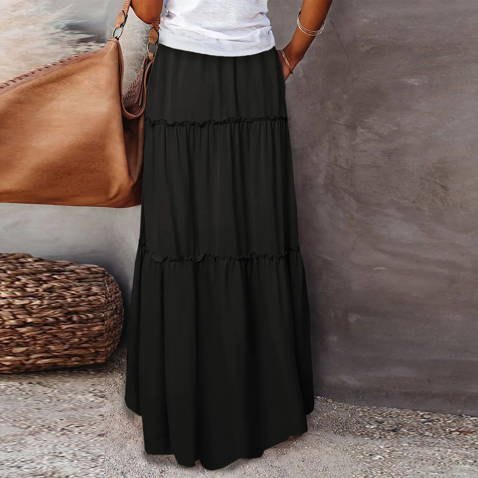 Women's Fashion Solid Color Skirts Ruffled layered skirt High waist elasticated ruffled Tie long skirt summer Loose Skirt faldas