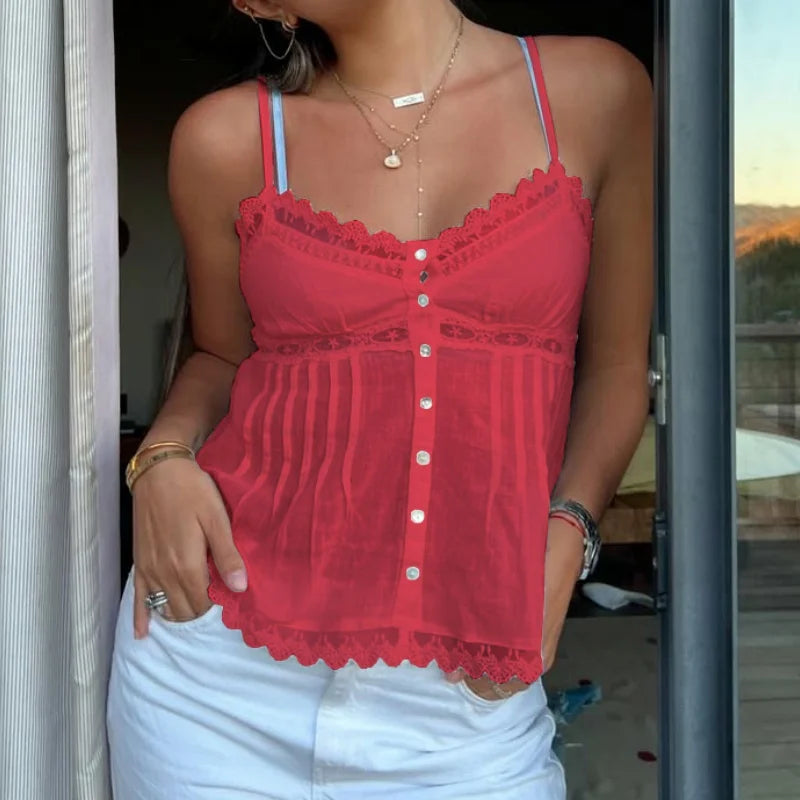 Sweet Y2K Lace Trim Camisole Women's Spaghetti Strap Top Trendy Button up Solid Babydoll Crop Tops Summer Fairycore Milkmaid Top
