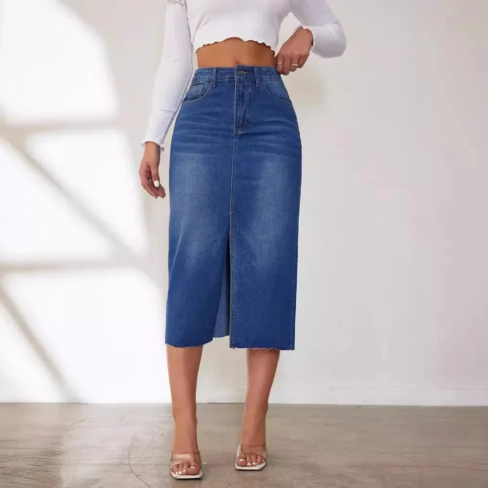 High-Waisted Medium-Length Denim Skirt For Women A- Line Half-Length Underwear