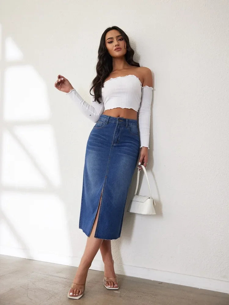 High-Waisted Medium-Length Denim Skirt For Women A- Line Half-Length Underwear