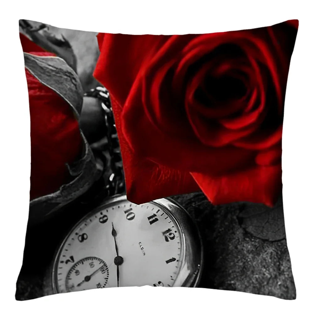 Poetic Red Rose Flower Print Polyester Pillowcase Sofa Cushion Cover Home Improvement  Decor Square 45x45