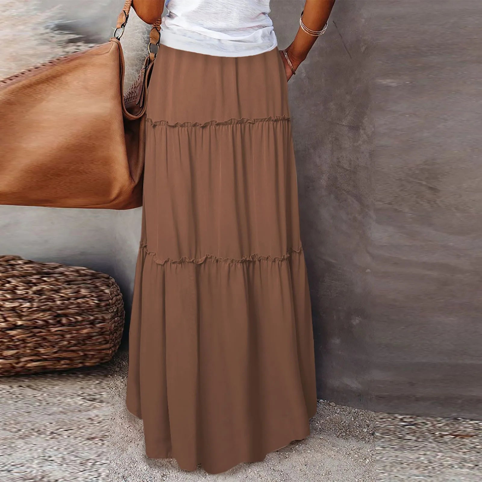 Women's Fashion Solid Color Skirts Ruffled layered skirt High waist elasticated ruffled Tie long skirt summer Loose Skirt faldas