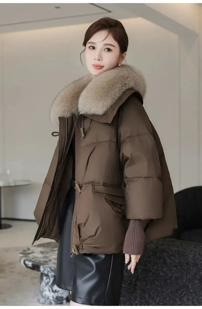 Winter New Fur Collar Puffer Down Parka Loose Down Warmer Thicken Snow Jacket Pocket Zipper Faux Fur Outerwear Female