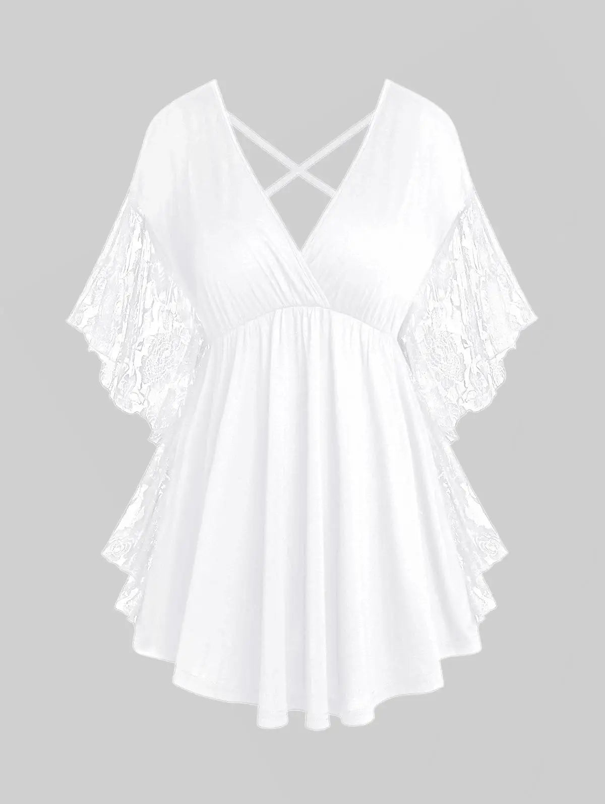 ROSEGAL Plus Size Women   Flower Lace Butterfly Sleeve  Insert Criss Cross V-Neck  Soild Casual T Shirt 2025 casual Streetwear