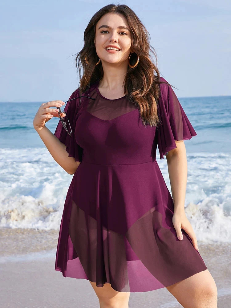 Plus Size Womens One Piece Tummy Control Swimdress Solid Mesh Patchwork Ruffle Sleeve Cover Up Swim Dress Chubby Swimsuit